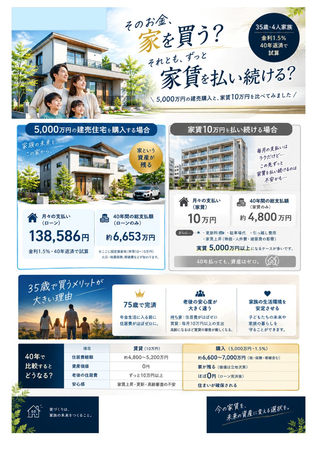 5000万円の建売購入と家賃10万円の支払いを比べてみました。 イメージ